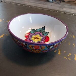 Laurel Burch Ceramic Cat Bowl Multicolor Floral Folk Art 5 Inch Small Dish